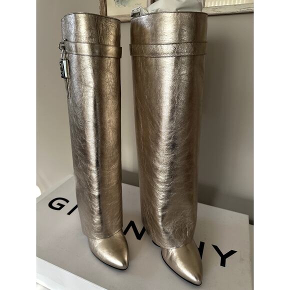 Givenchy Shark Lock Knee High Boots Womens Size 40.5 Gold Leather New - Picture 13 of 14